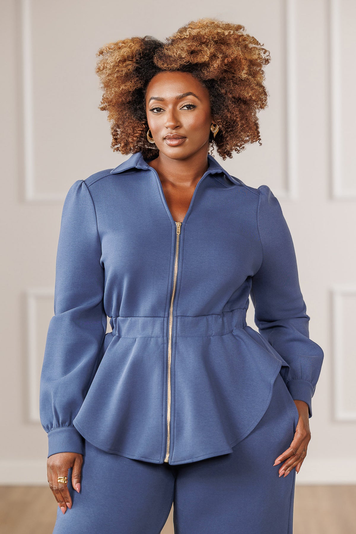 Kezia Zip Up High-Low Peplum Top - Blue