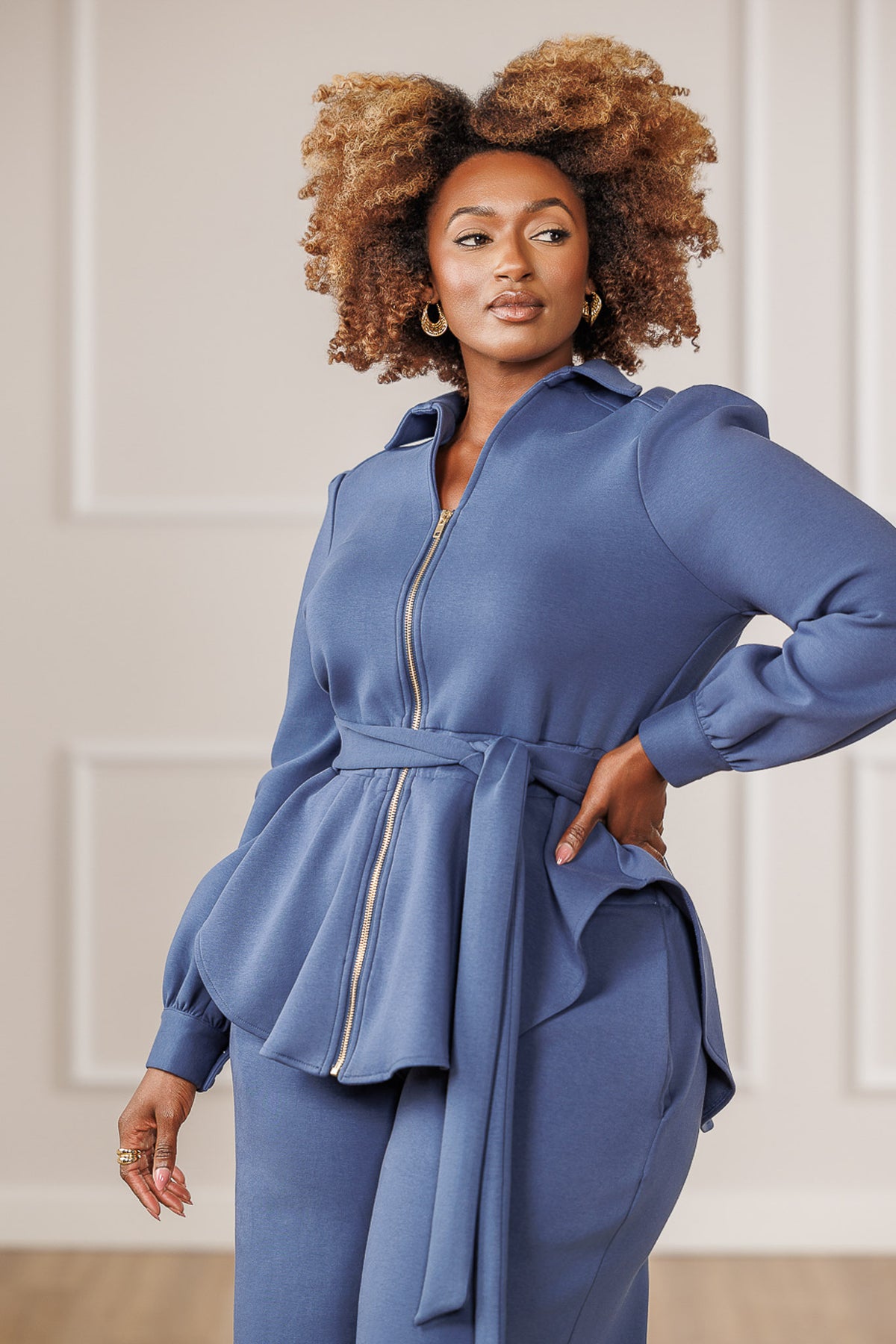 Kezia Zip Up High-Low Peplum Top - Blue