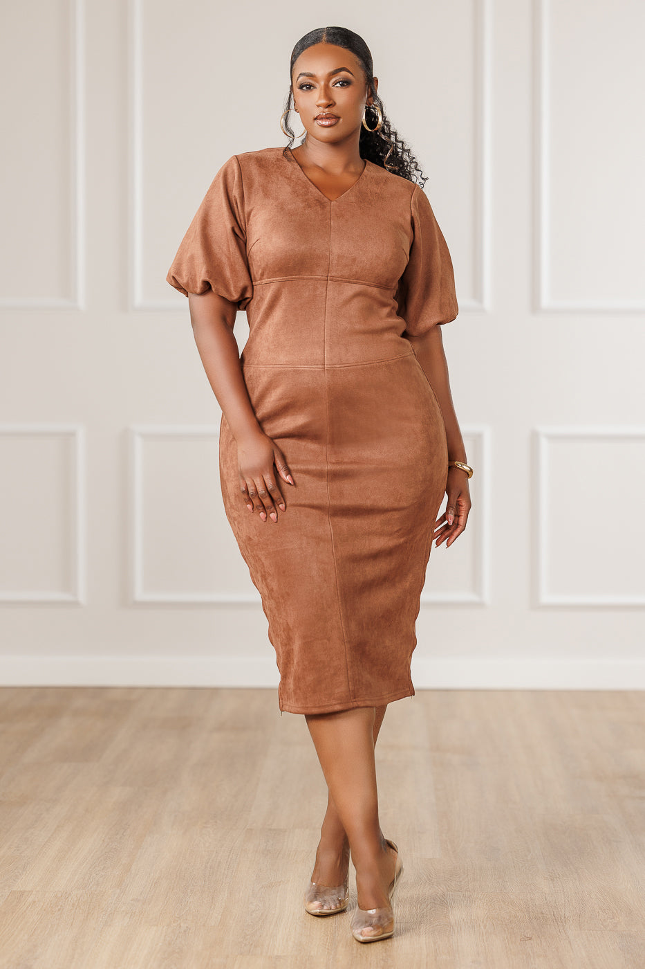 Javanna Suede Midi Dress - Walnut