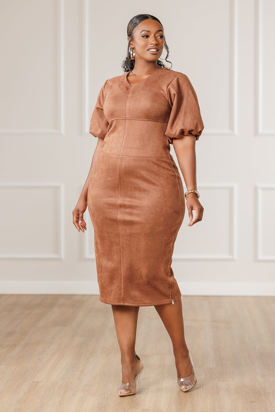 Javanna Suede Midi Dress - Walnut