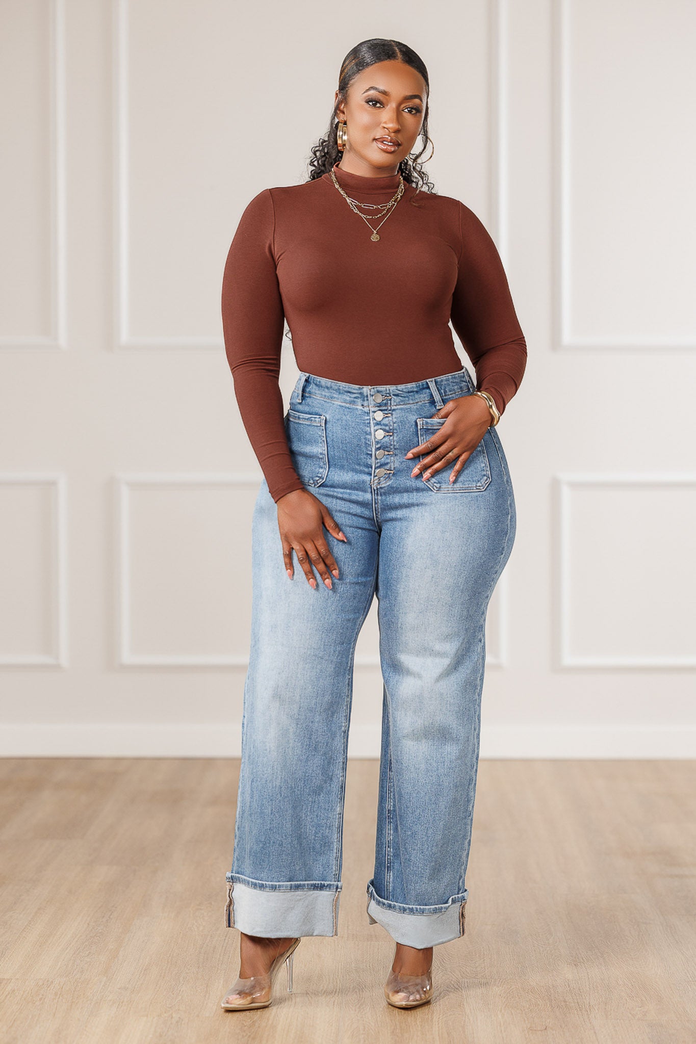 Andie Mock Neck Knit Bodysuit - Brown