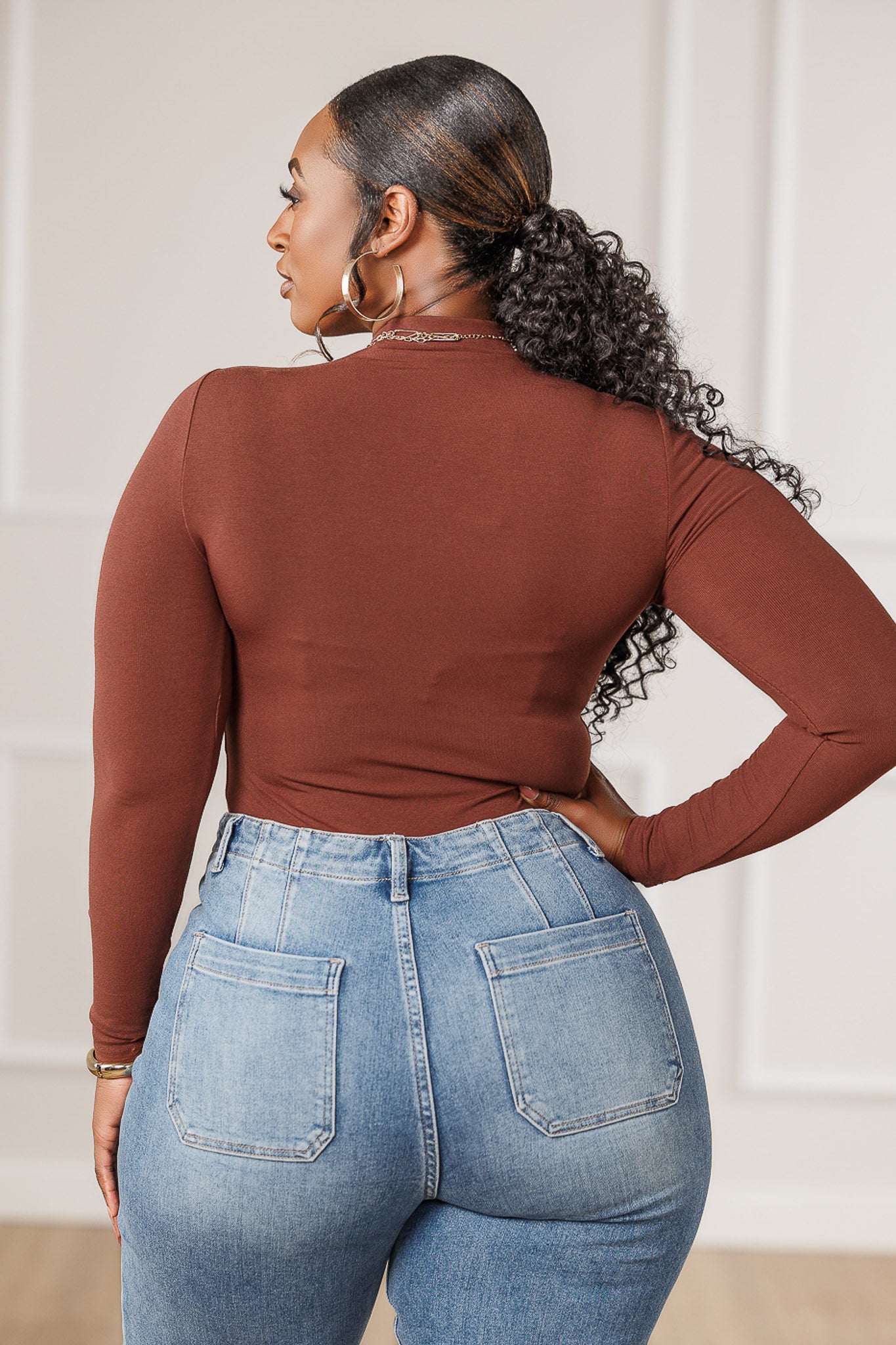 Andie Mock Neck Knit Bodysuit - Brown