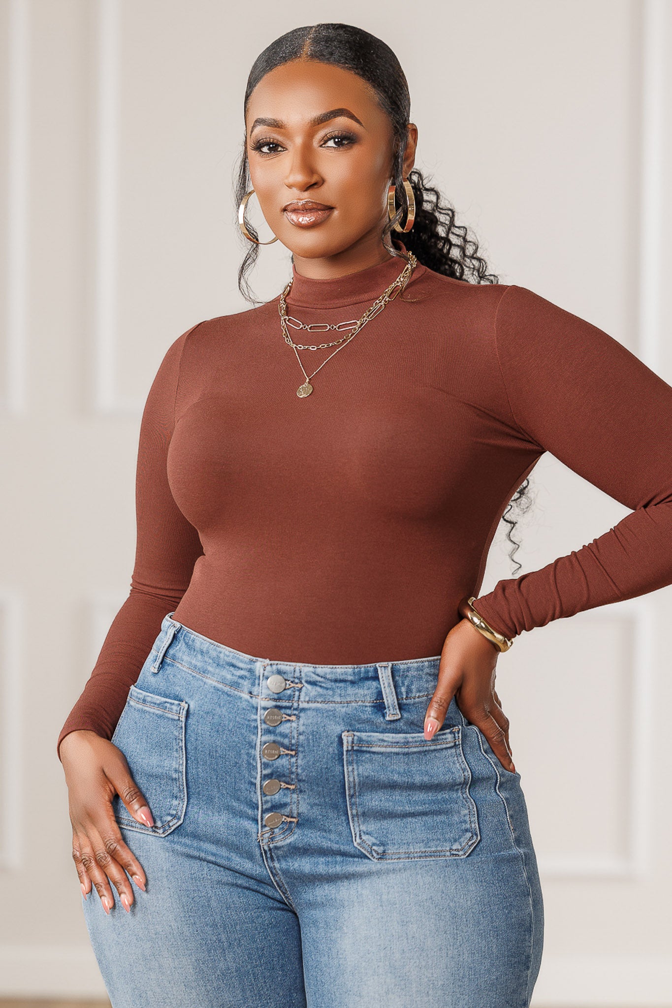 Andie Mock Neck Knit Bodysuit - Brown