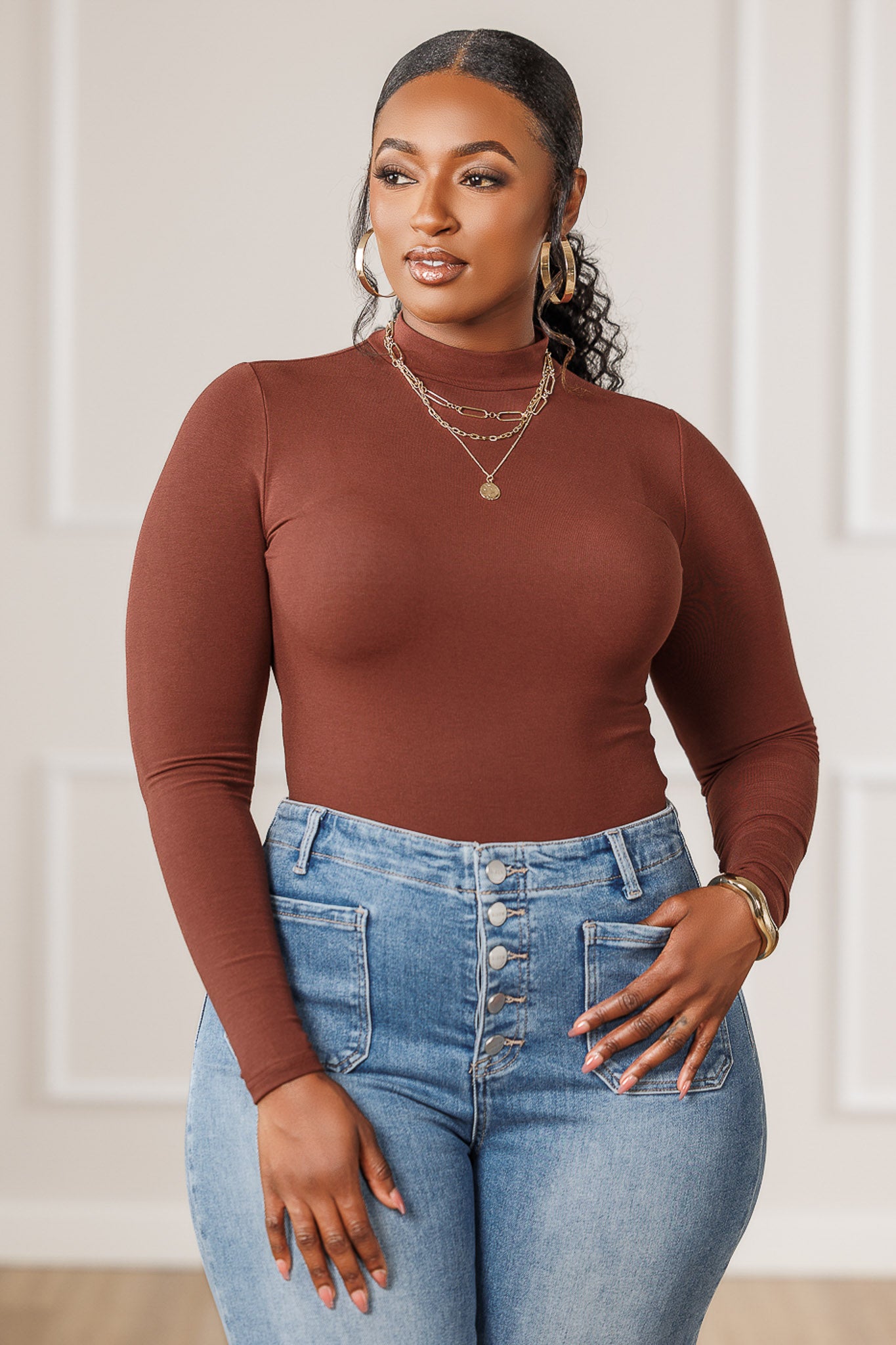 Andie Mock Neck Knit Bodysuit - Brown