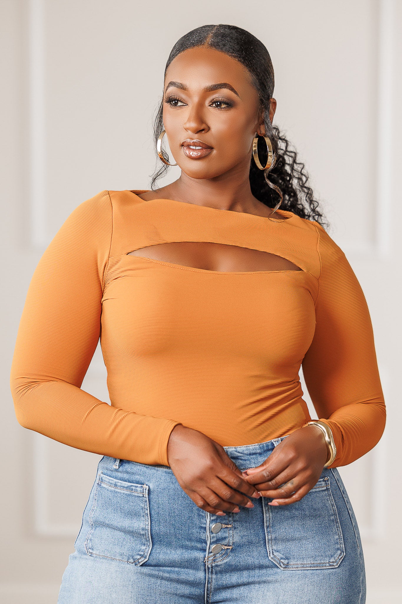 FINAL SALE - Larose Cut Out Compression Bodysuit - Cognac