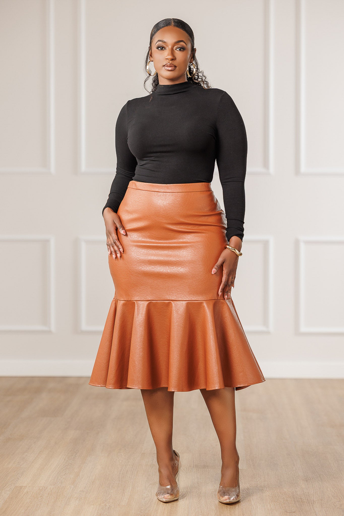 Allana Faux Leather Midi Skirt - Cognac