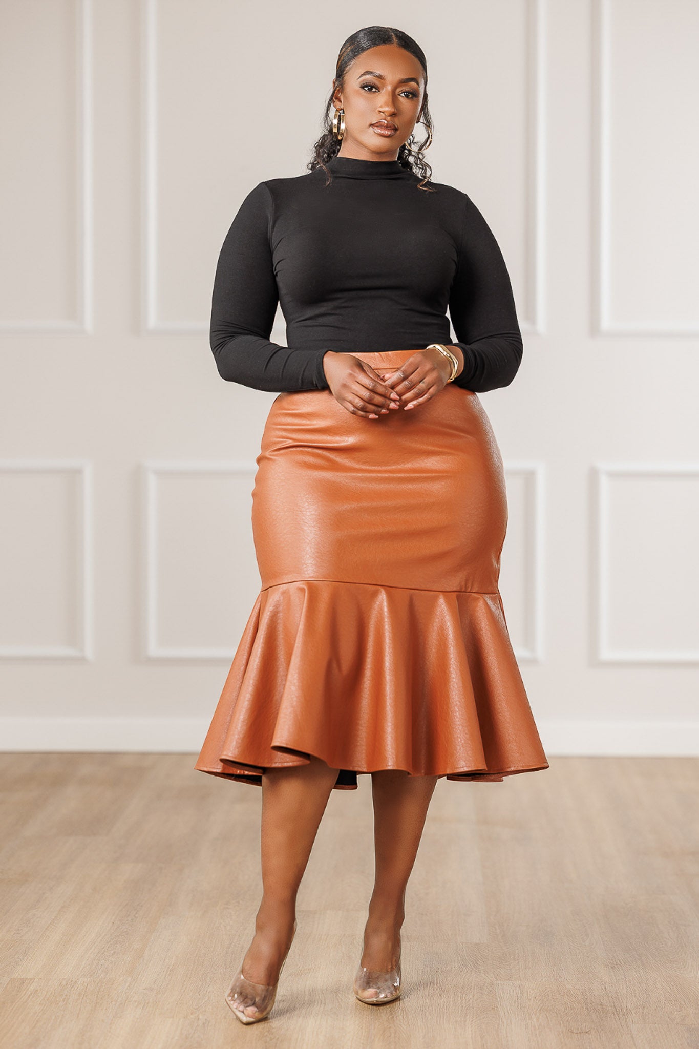 Allana Faux Leather Midi Skirt - Cognac