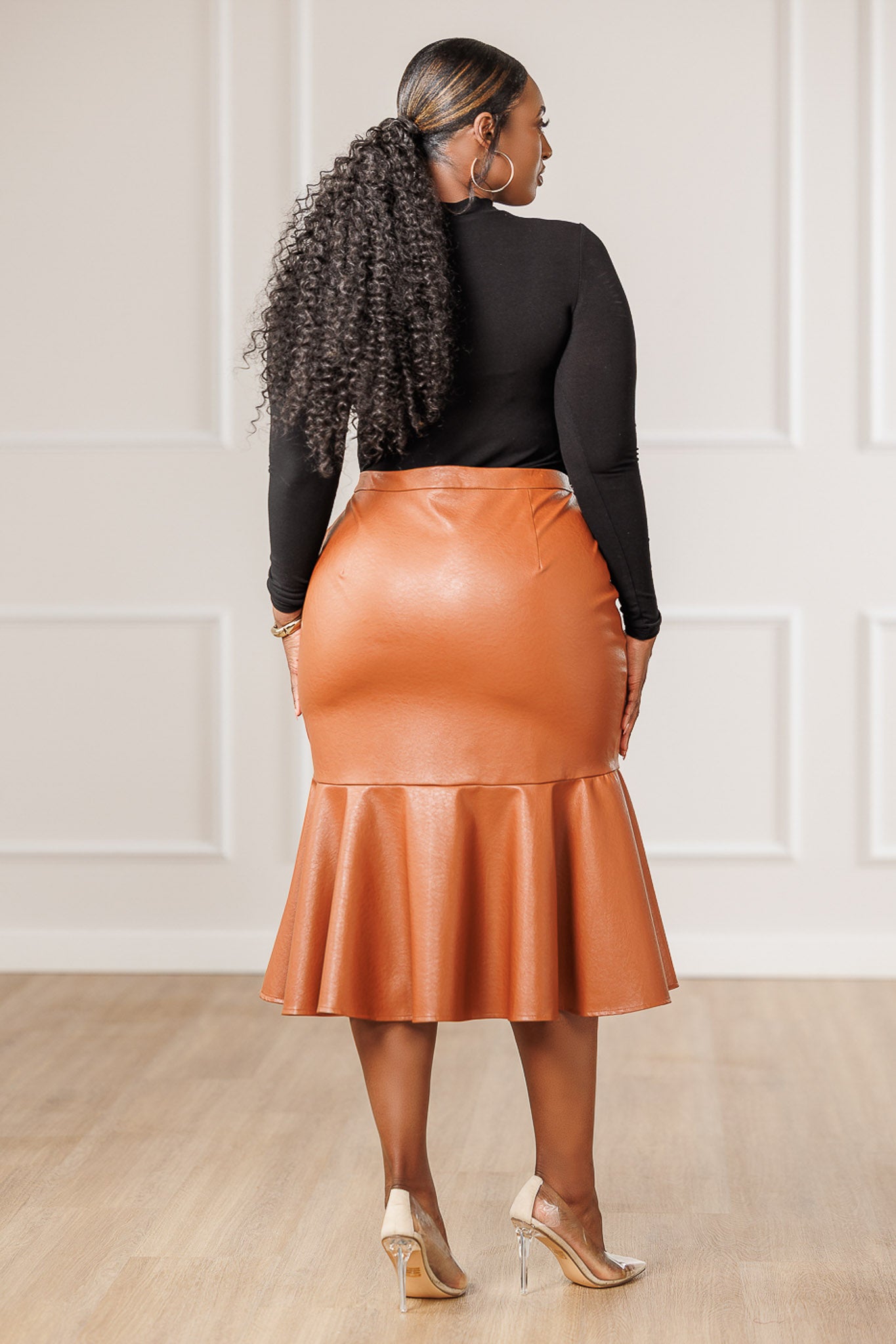 Allana Faux Leather Midi Skirt - Cognac
