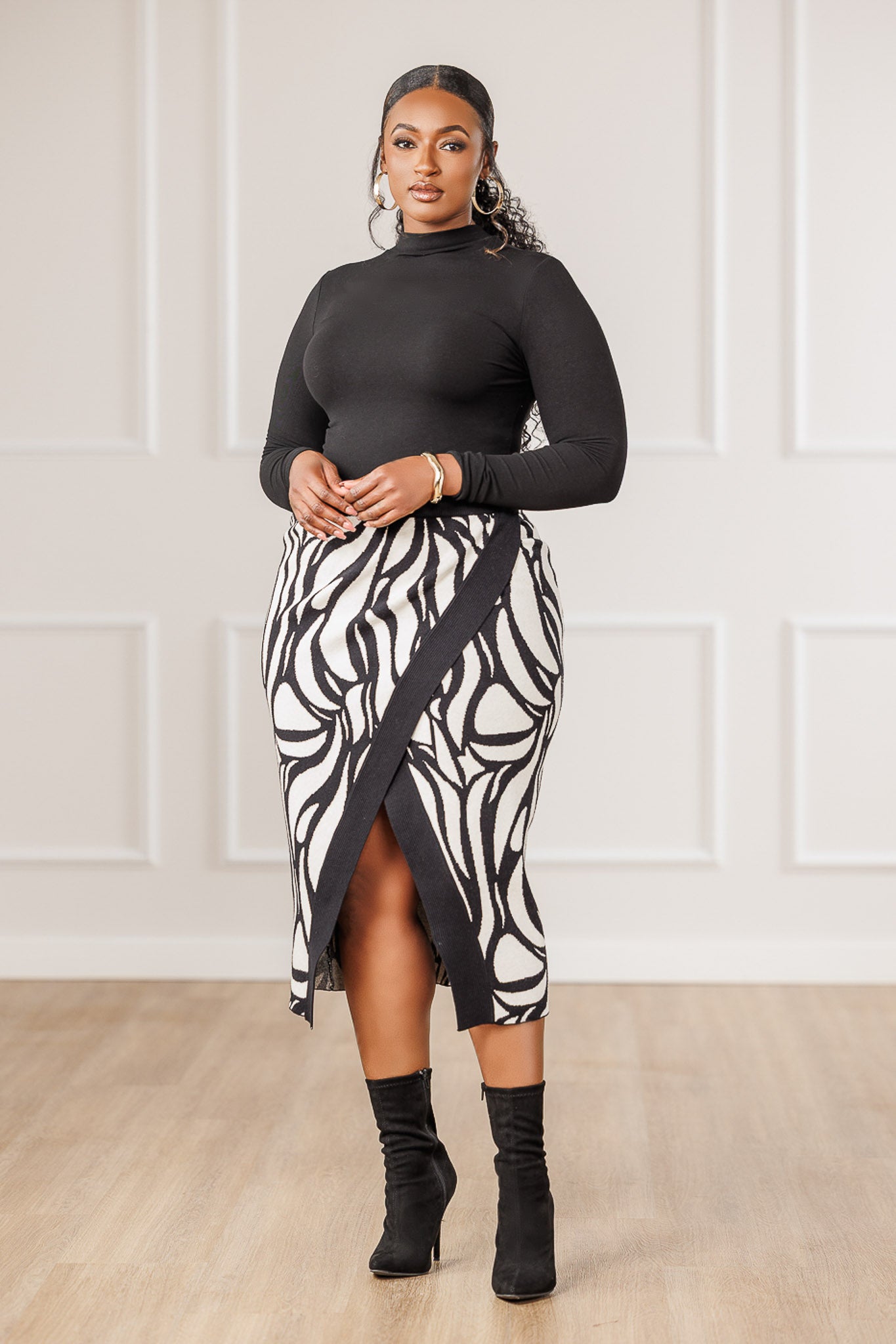 Aston Mosaic Knit Slit Skirt - Black