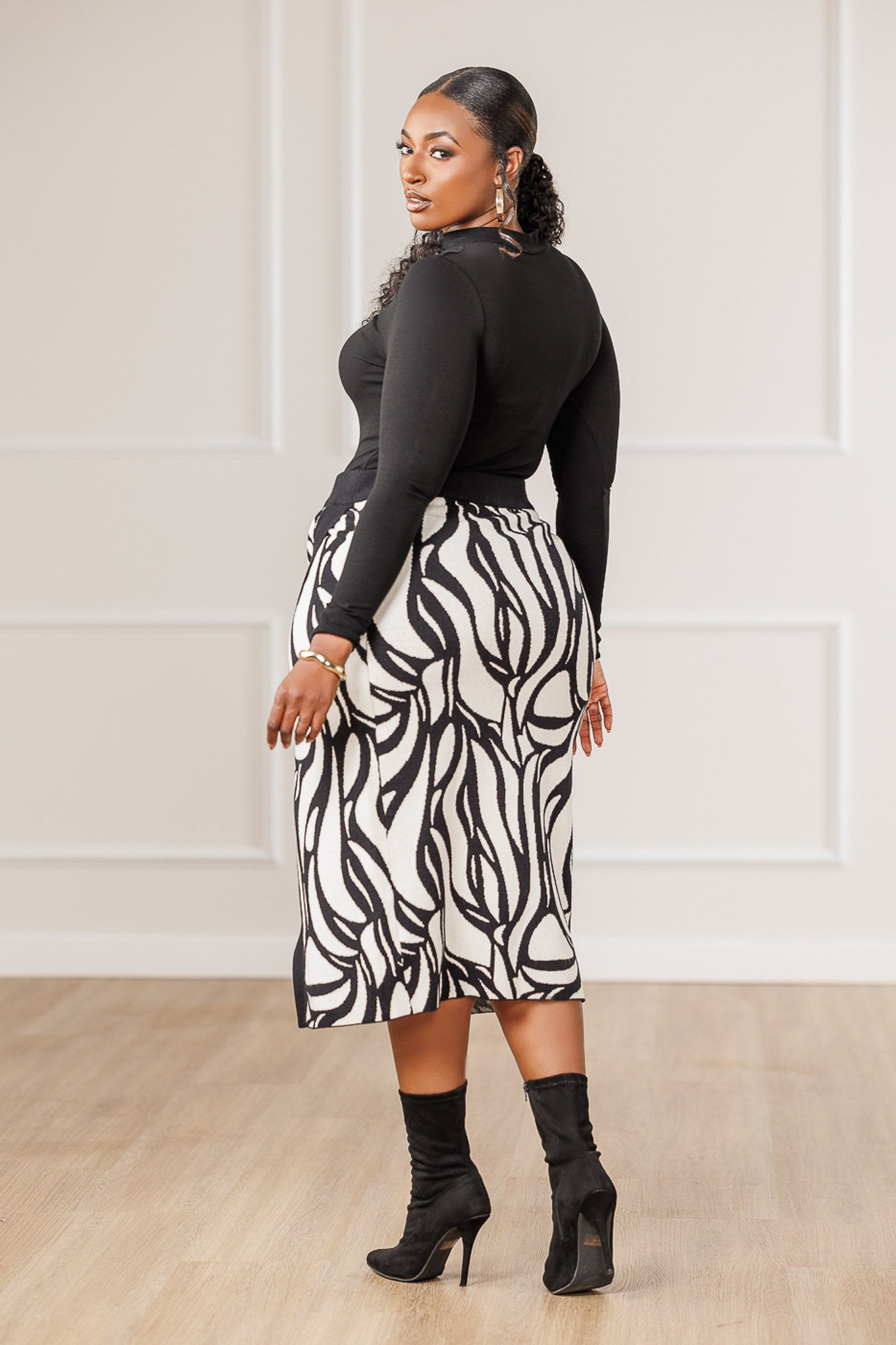 Aston Mosaic Knit Slit Skirt - Black