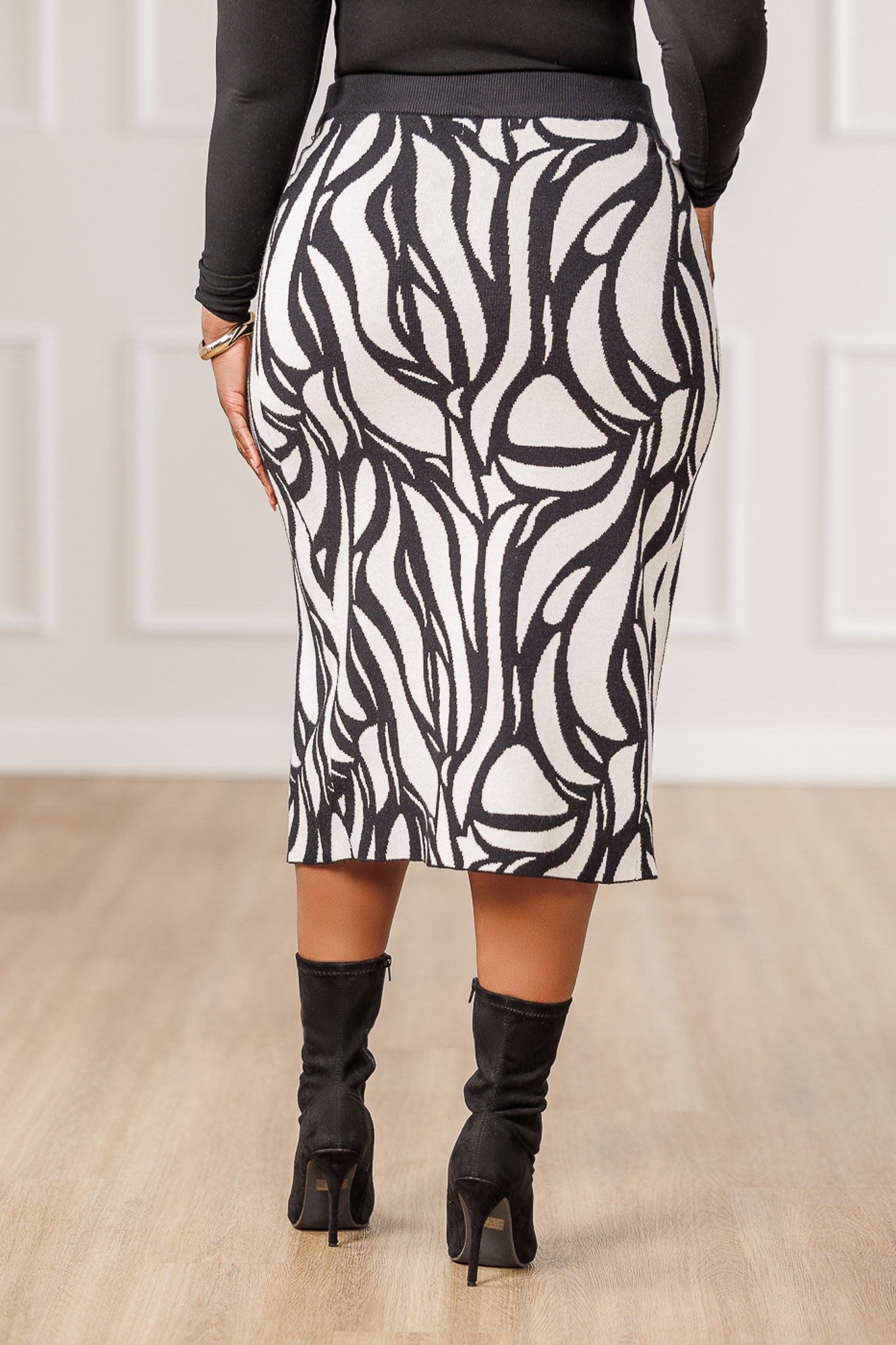 Aston Mosaic Knit Slit Skirt - Black