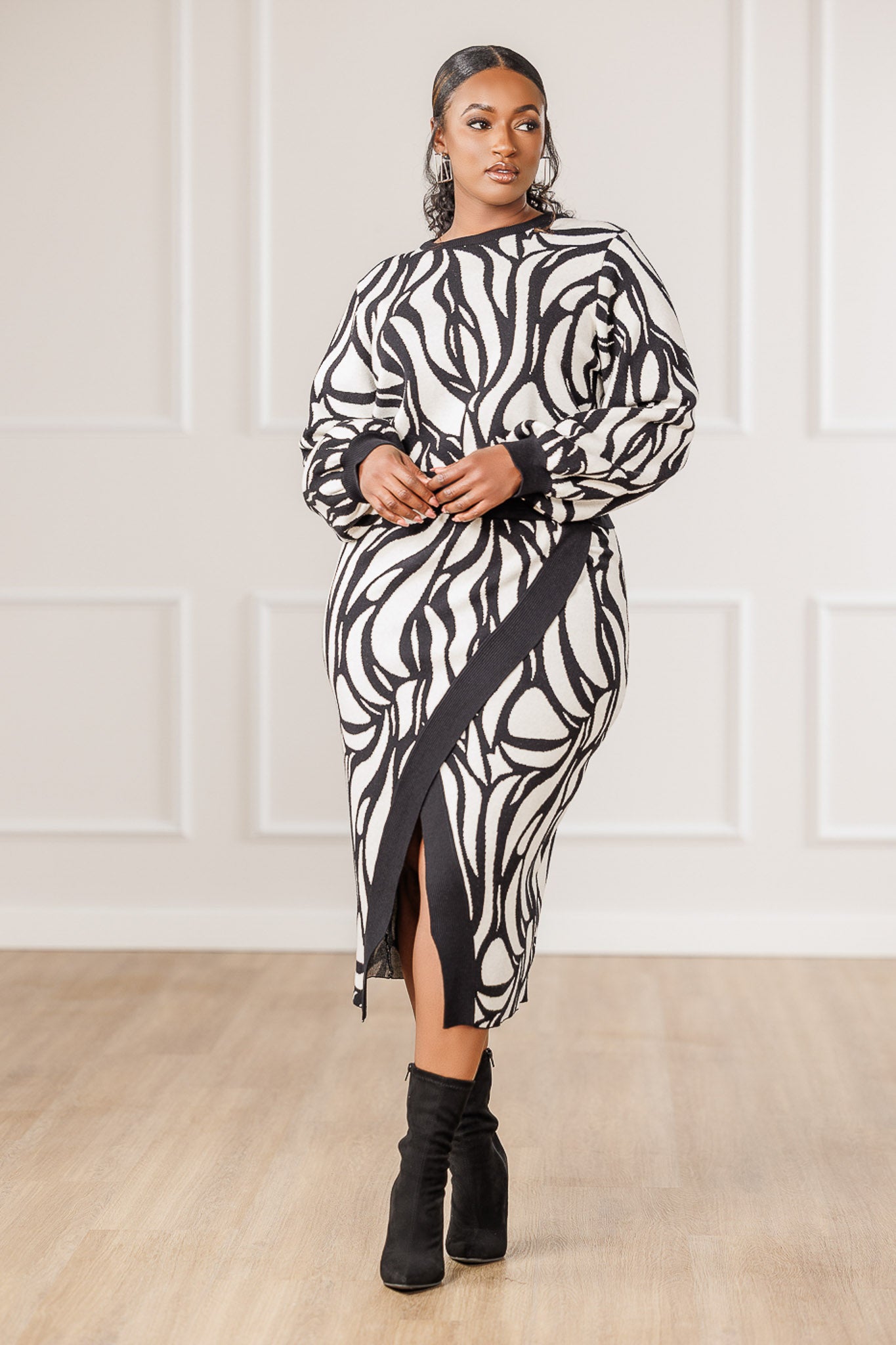 Aston Mosaic Knit Slit Skirt - Black