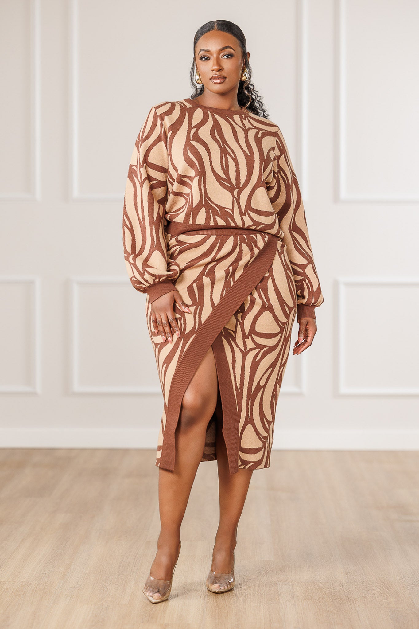 Aston Mosaic Knit Slit Skirt - Brown