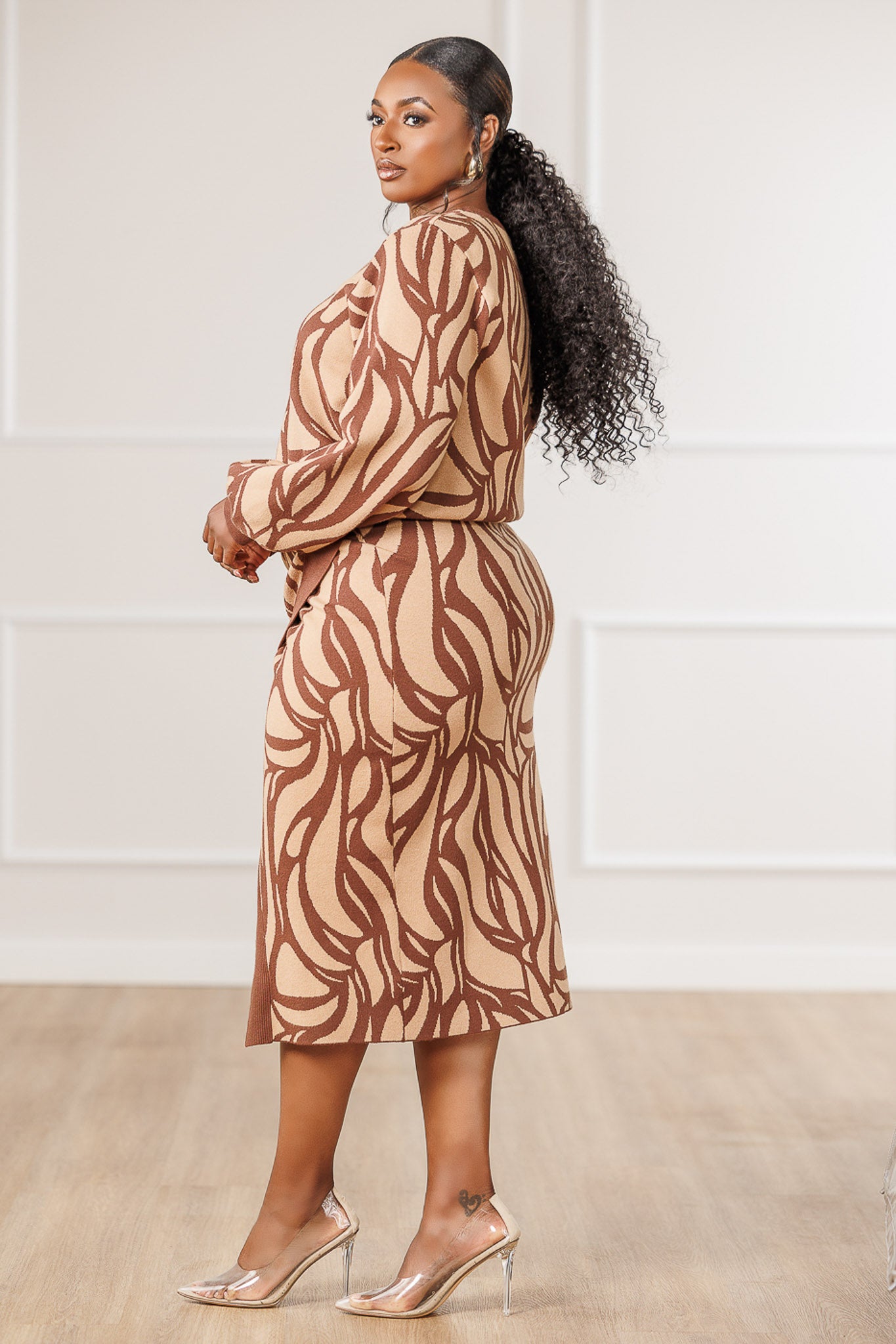 Aston Mosaic Knit Slit Skirt - Brown