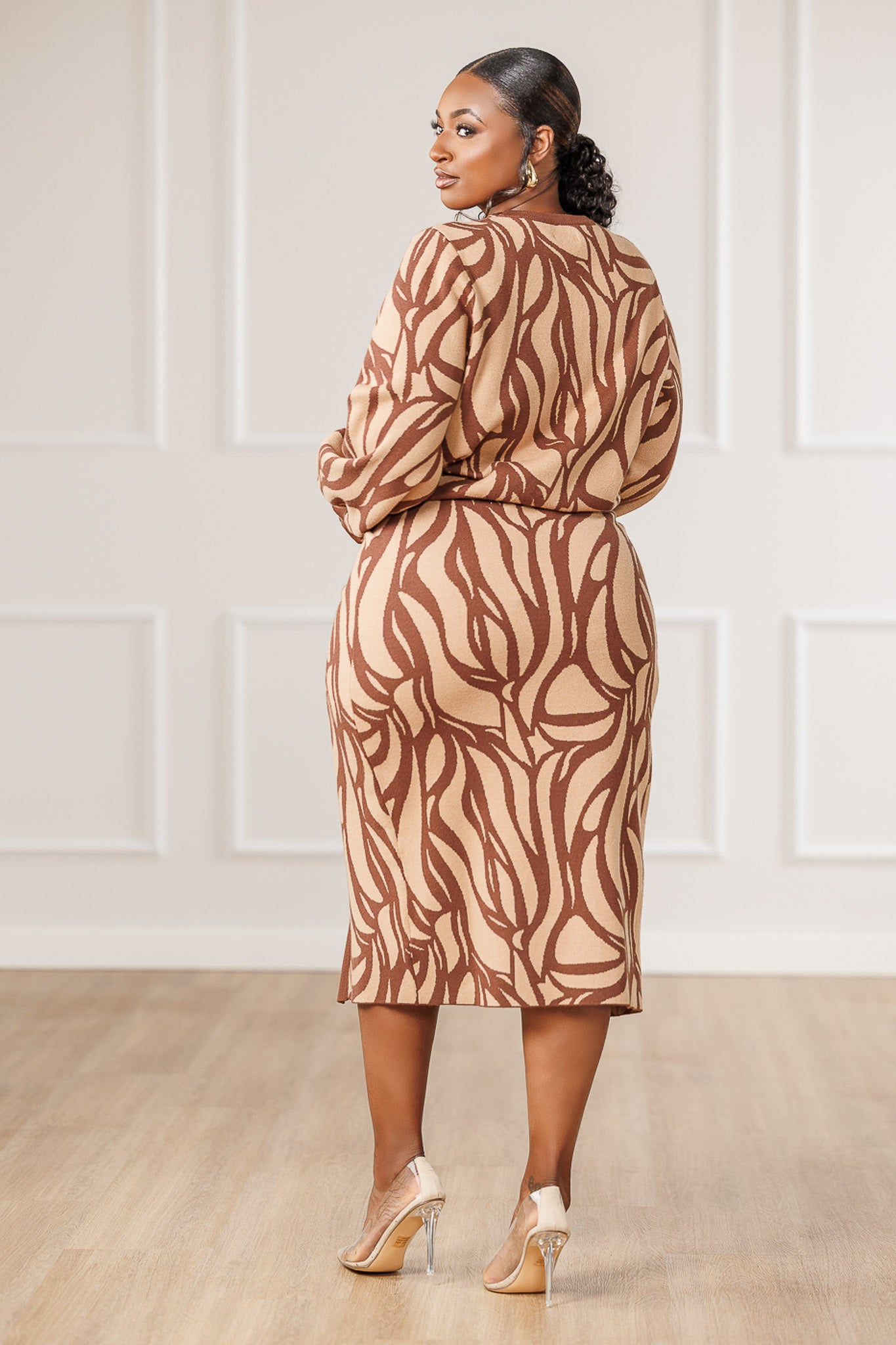 Aston Mosaic Knit Slit Skirt - Brown