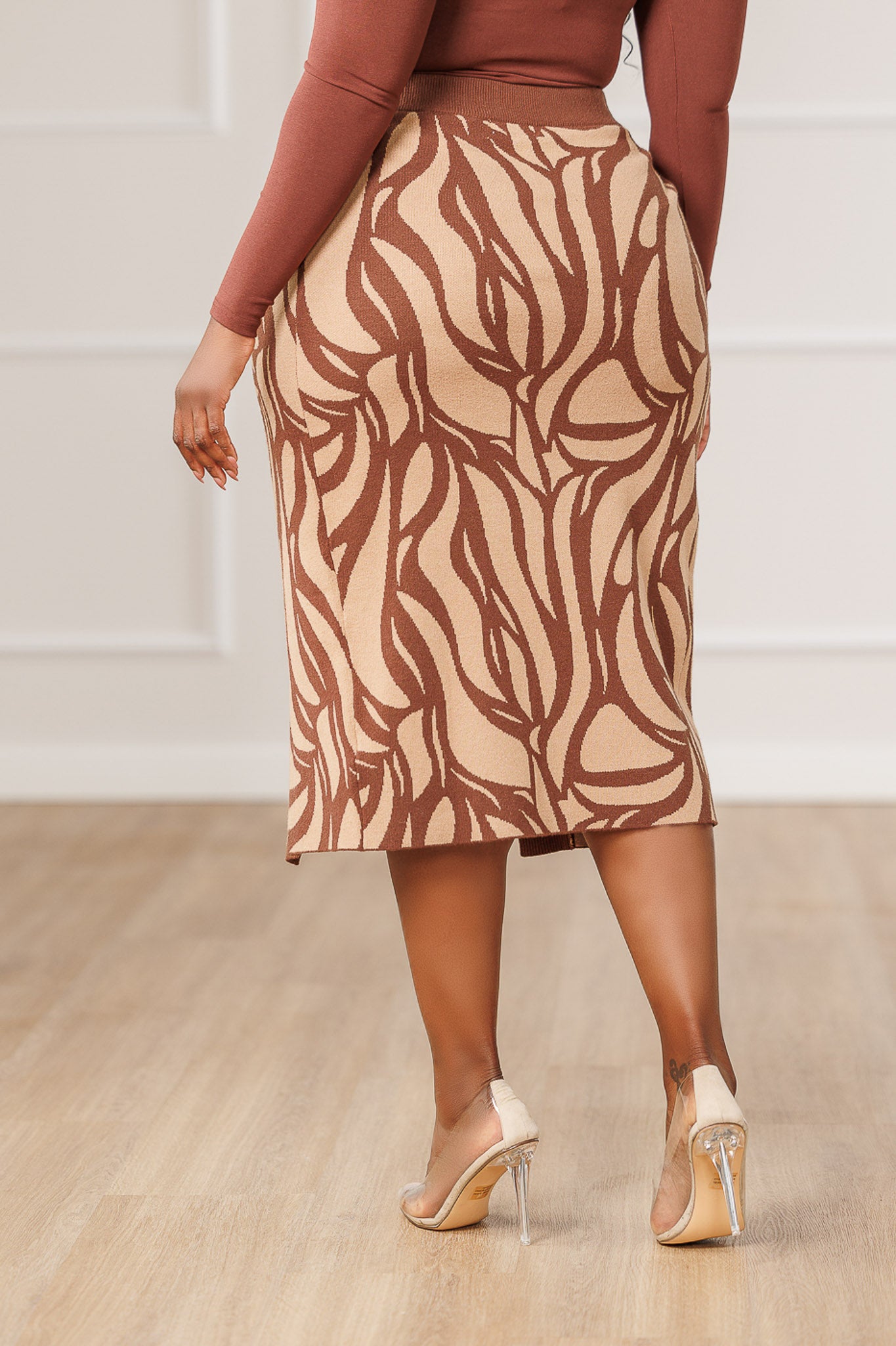 Aston Mosaic Knit Slit Skirt - Brown