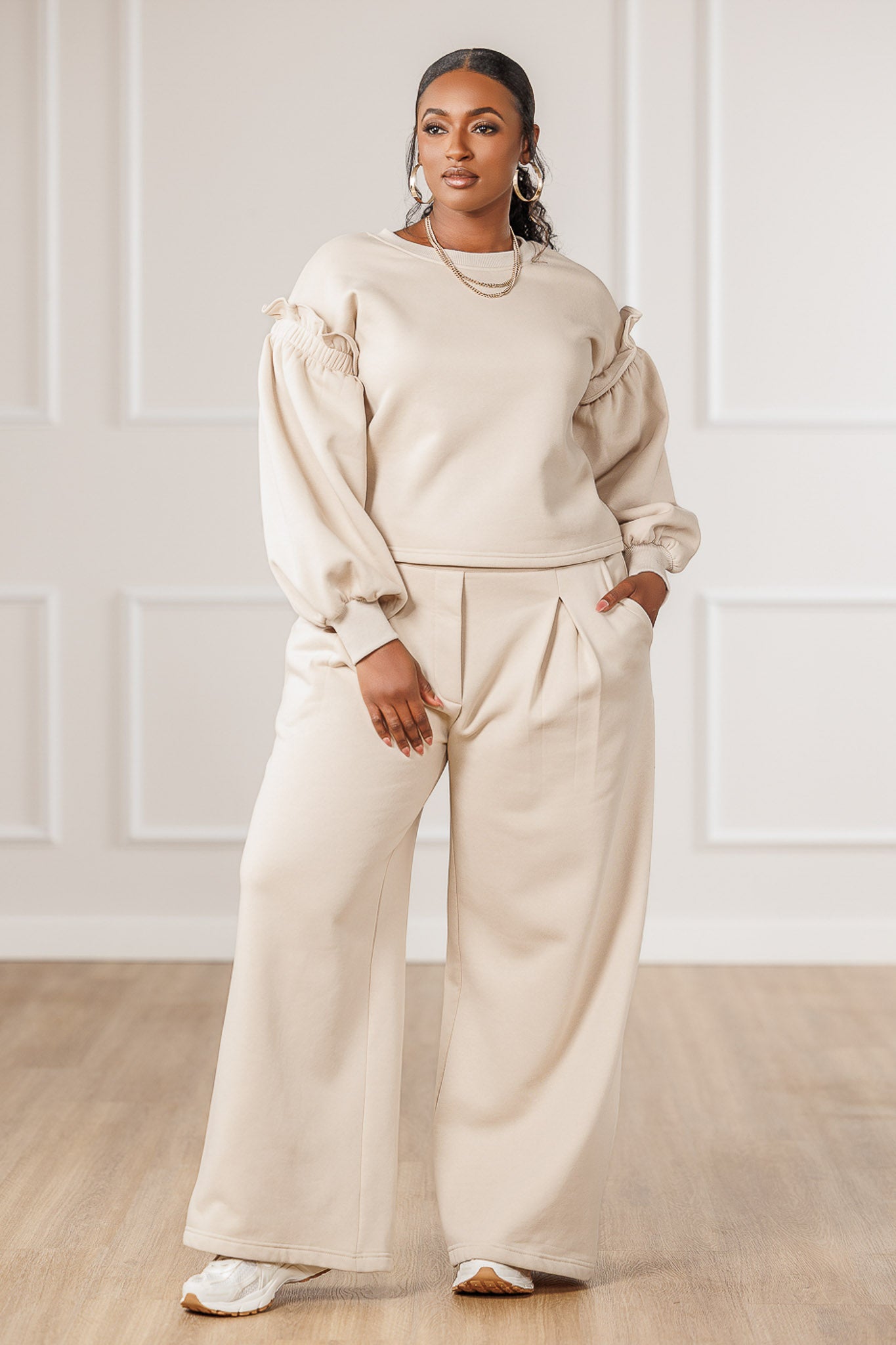 Azra Fleece Balloon Sleeve Sweatshirt - Cream