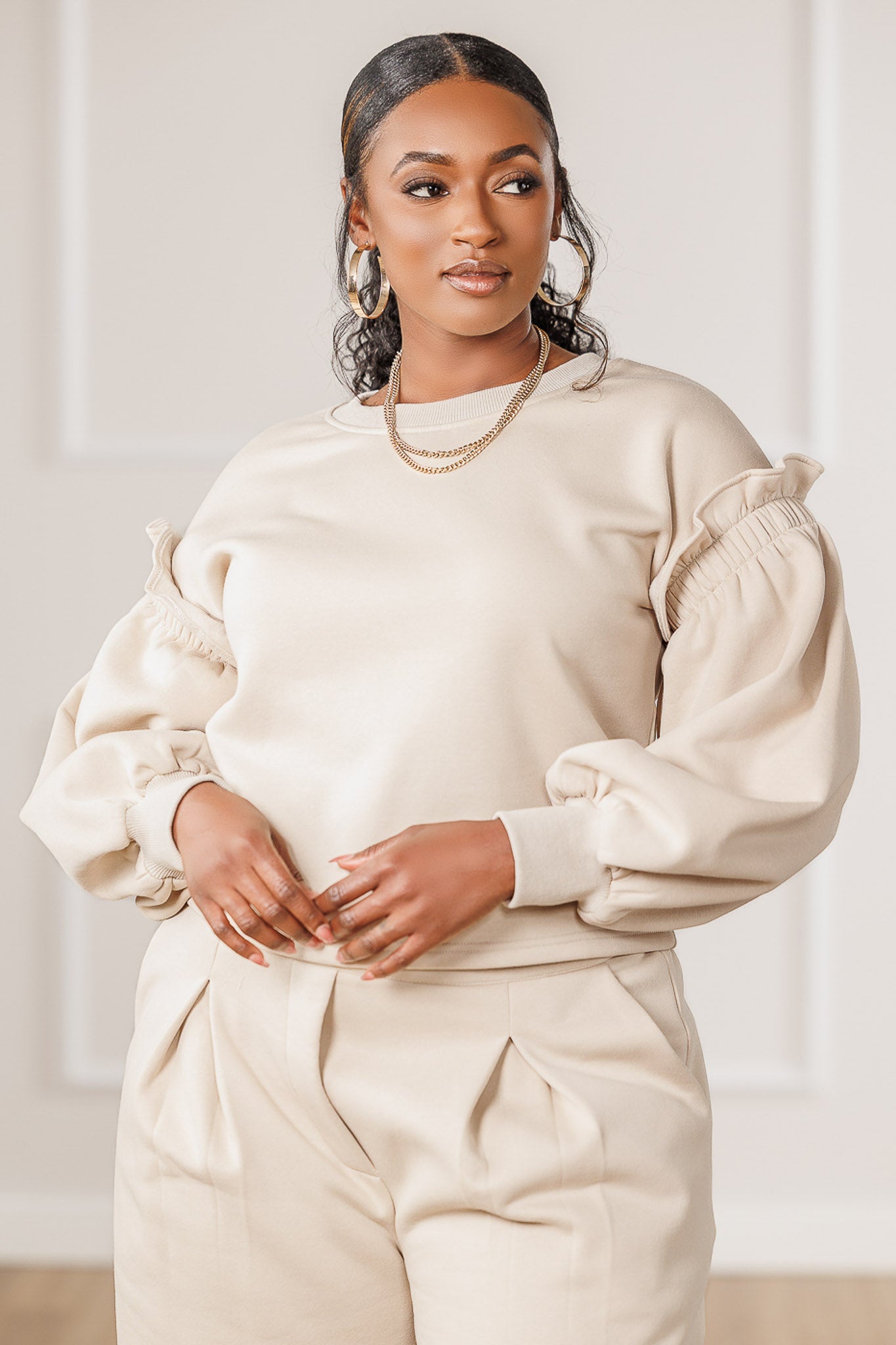 Azra Fleece Balloon Sleeve Sweatshirt - Cream