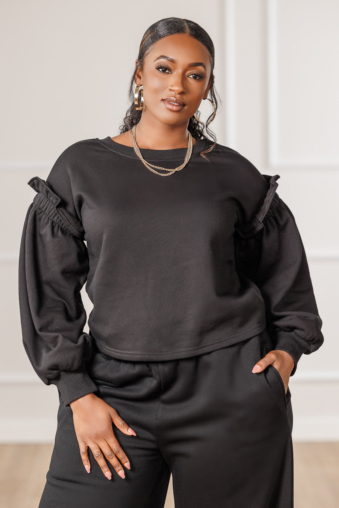 Azra Fleece Balloon Sleeve Sweatshirt - Black