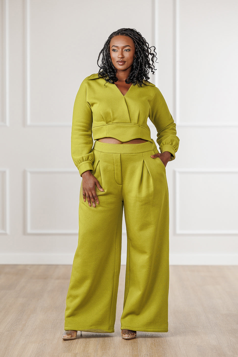 FINAL SALE - Mirah Fleece Pleated Surplice Top - Golden Lime