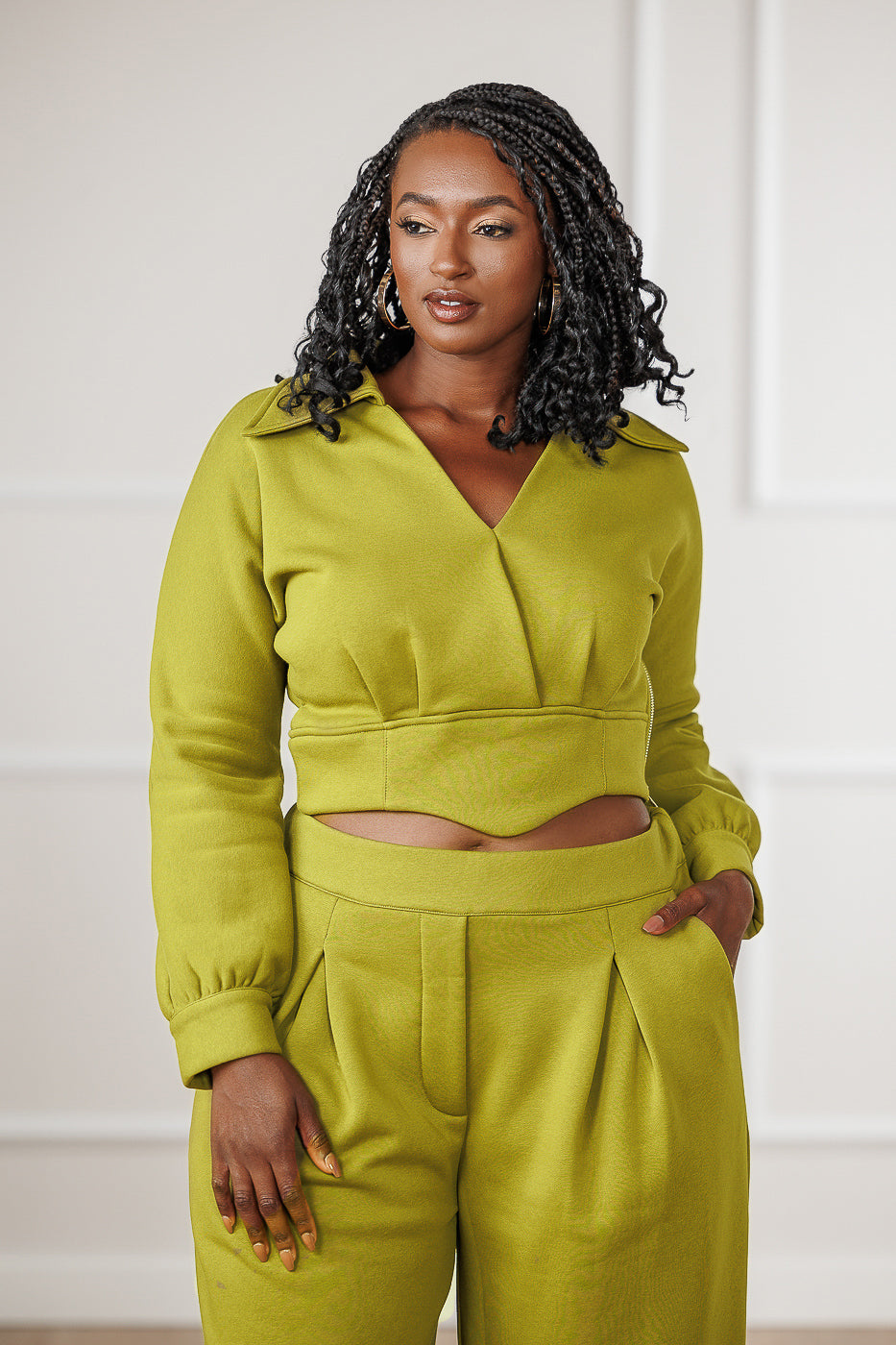 FINAL SALE - Mirah Fleece Pleated Surplice Top - Golden Lime