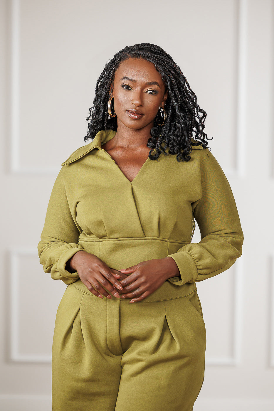 FINAL SALE - Mirah Fleece Pleated Surplice Top - Golden Lime