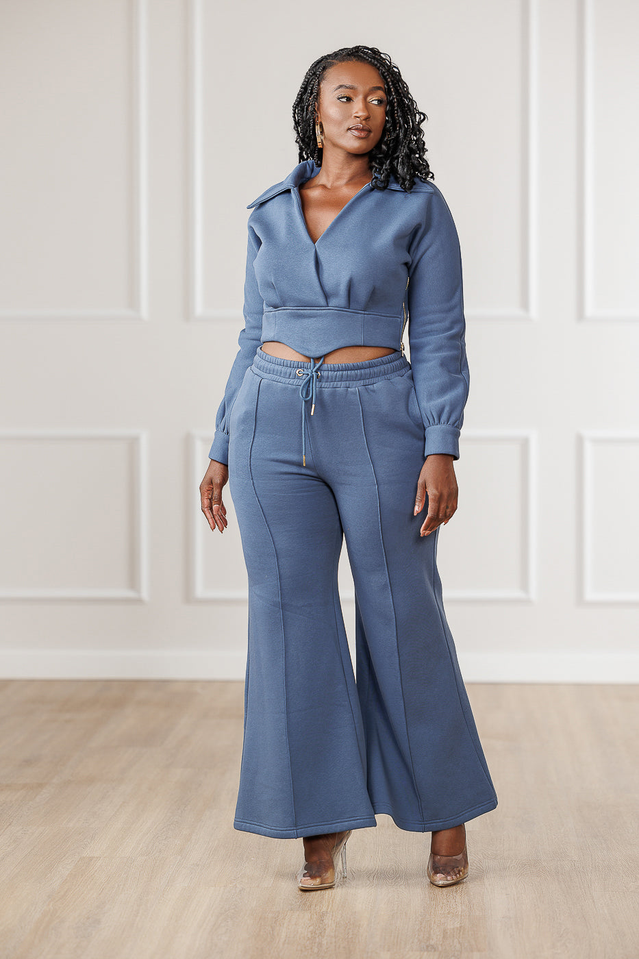 FINAL SALE - Quinnley Fleece Seamed Flare Pants - Steel Blue