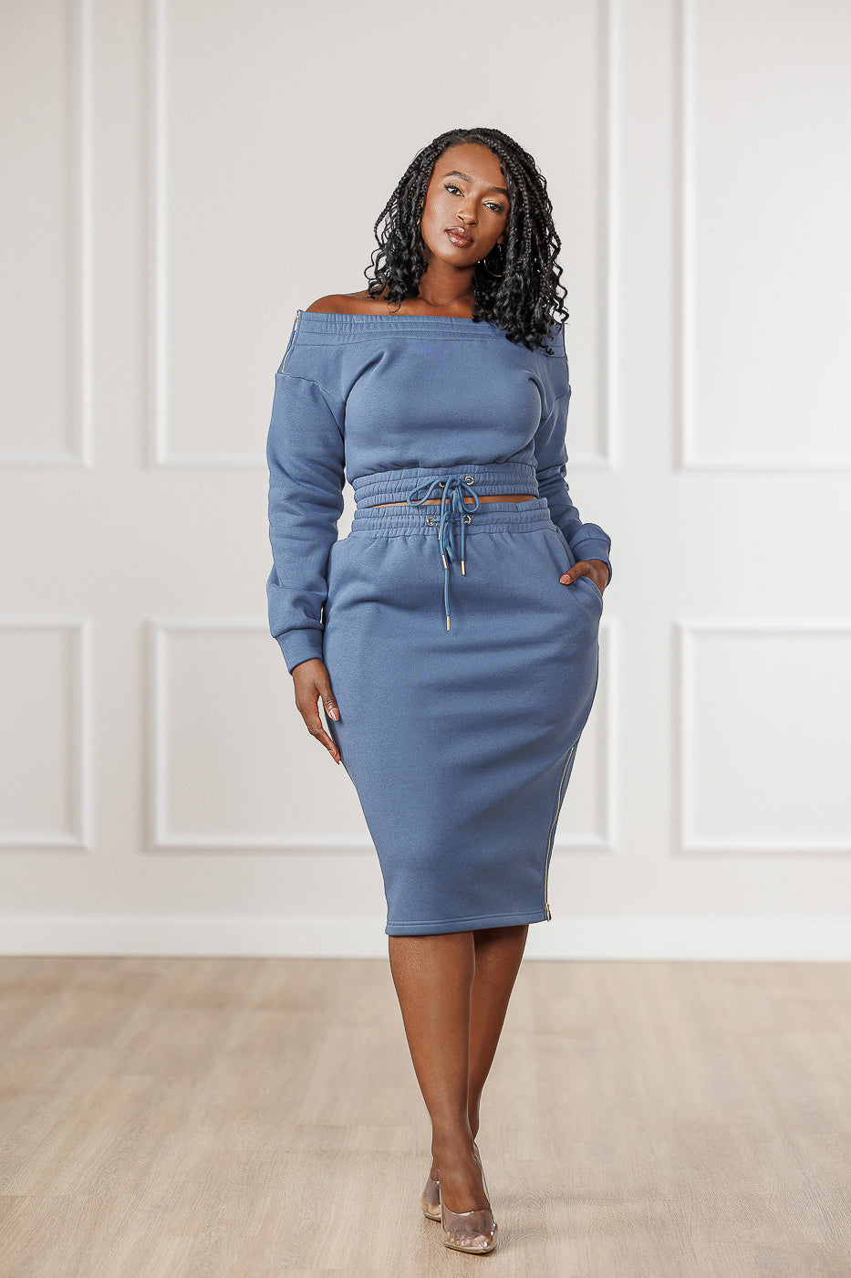 FINAL SALE - Aliya Fleece Side Zip Skirt - Steel Blue